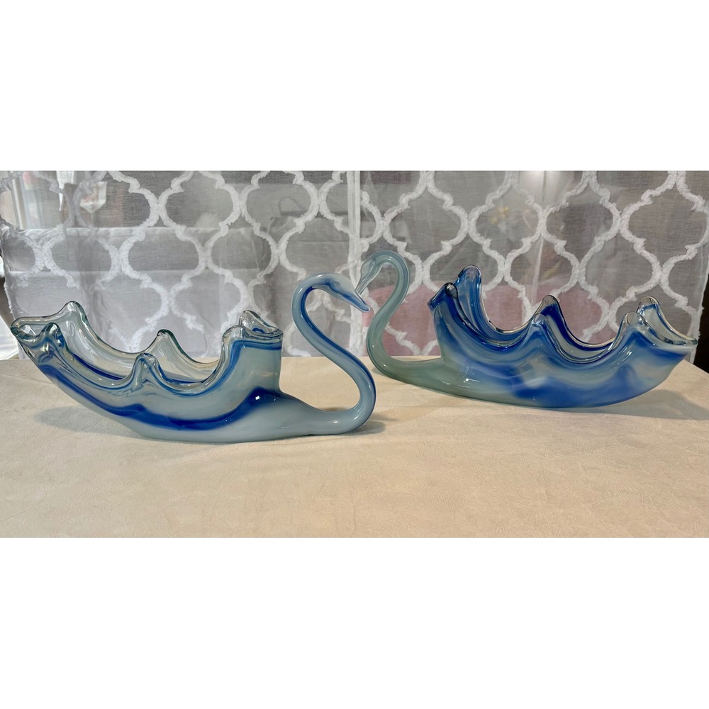 Vintage Blue Swirl Art Glass Swans - Set of 2 Hand Blown Decorative Dishes